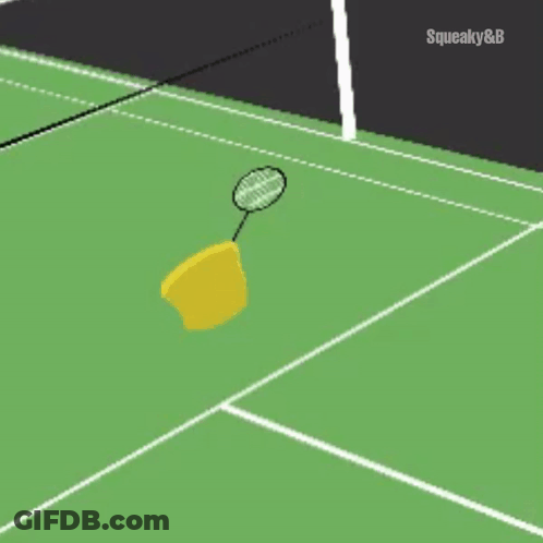 A Cartoon Of An Orangutan Holding A Badminton Racquet GIF
