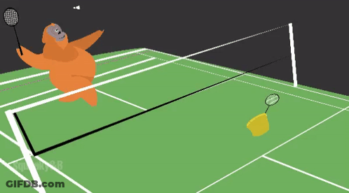 A Cartoon Of An Orangutan Playing Badminton On A Tennis Court GIF