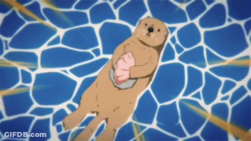 A Cartoon Of An Otter Holding A Pink Object In Its Mouth GIF