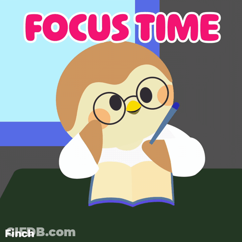 A Cartoon Of An Owl Reading A Book With The Words Focus Time Behind It GIF