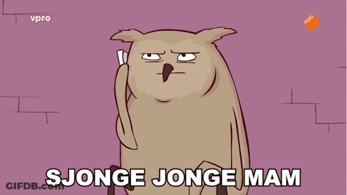 A Cartoon Of An Owl Talking On A Cell Phone With The Words Sjonge Jonge Mam Below Him GIF
