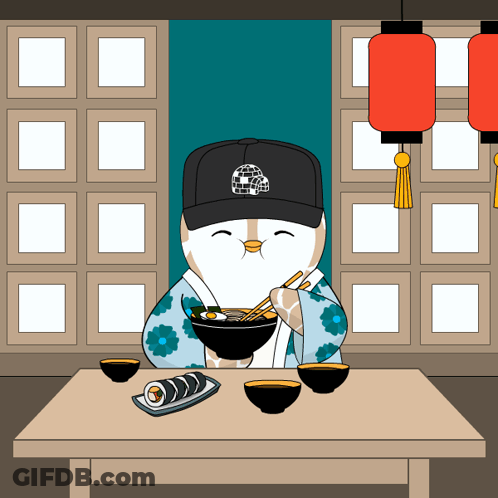 A Cartoon Of An Owl Wearing A Hat And Eating Ramen GIF