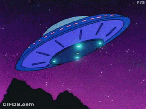 A Cartoon Of An Ufo Flying Through A Purple Sky With Mountains In The Background . GIF