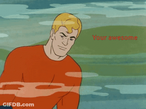 A Cartoon Of Aquaman Holding A Whale With The Words " Your Awesome " Below Him GIF