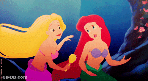 A Cartoon Of Ariel And Rapunzel From The Little Mermaid Looking At Each Other GIF