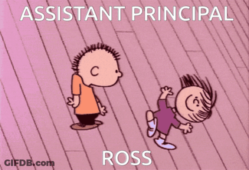 A Cartoon Of Assistant Principal Ross Standing Next To A Little Girl GIF
