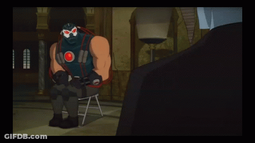 A Cartoon Of Bane Sitting In A Chair With A Man In A Suit Behind Him GIF