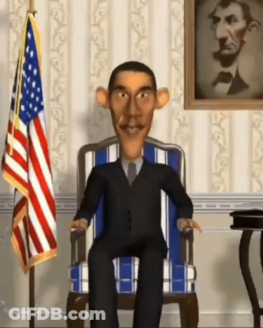 A Cartoon Of Barack Obama Is Sitting In A Chair In Front Of An American Flag GIF