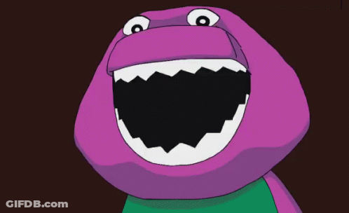 A Cartoon Of Barney With His Mouth Open GIF