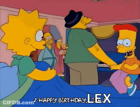 A Cartoon Of Bart Simpson And Lisa Simpson Saying Happy Birthday To Lex GIF