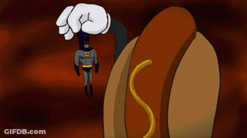 A Cartoon Of Batman And A Hot Dog With A Letter S On It GIF