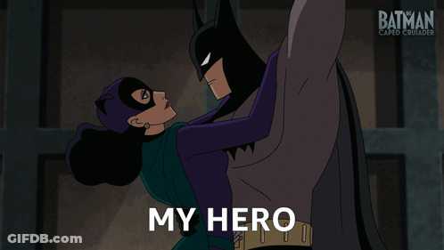 A Cartoon Of Batman And Catwoman Kissing With The Words " My Hero " Below Them GIF