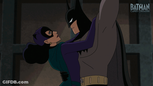 A Cartoon Of Batman And Catwoman Kissing With The Words My Hero Below Them GIF