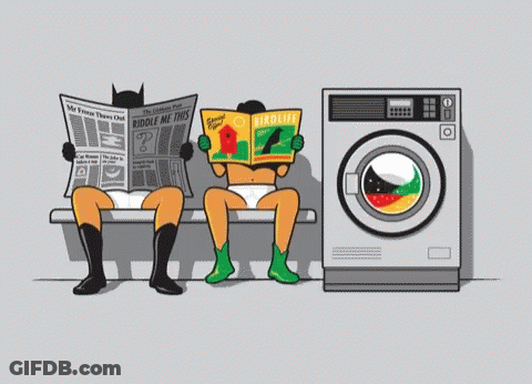 A Cartoon Of Batman And Robin Reading A Magazine Next To A Washing Machine GIF