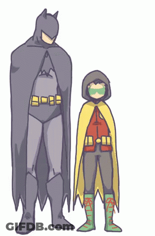 A Cartoon Of Batman And Robin Standing Next To Each Other On A White Background GIF