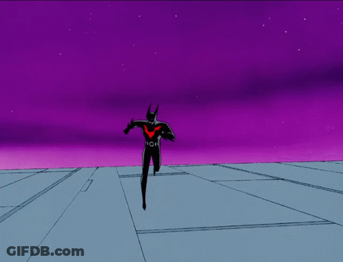 A Cartoon Of Batman Flying Through The Air With A Purple Sky Behind Him GIF