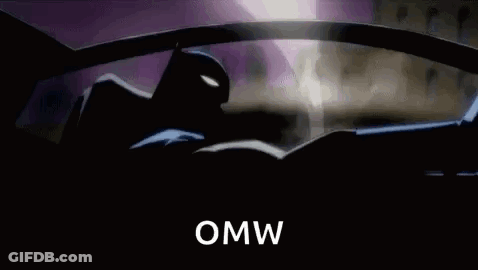 A Cartoon Of Batman Flying Through The Air With The Words `` Omw '' Behind Him . GIF