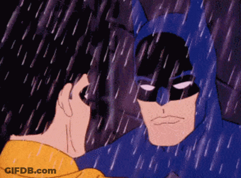 A Cartoon Of Batman In The Rain With Superman Behind Him GIF