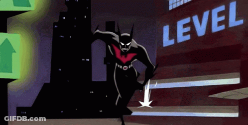 A Cartoon Of Batman Standing In Front Of A Building That Says Level GIF