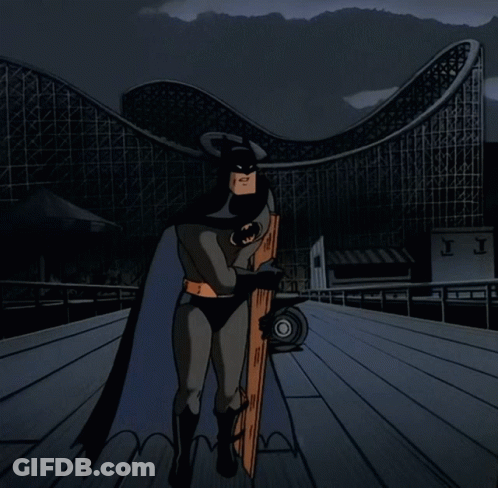 A Cartoon Of Batman Standing On A Pier Holding A Bat GIF