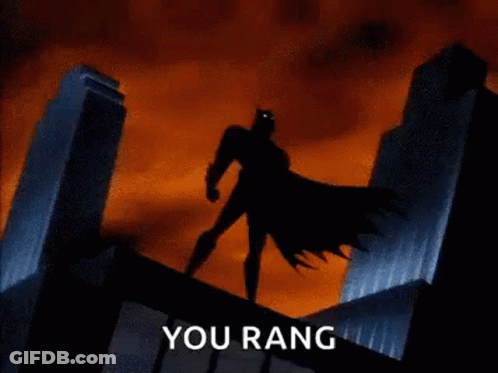 A Cartoon Of Batman Standing On Top Of A Building With The Words `` You Rang '' Written Below Him . GIF