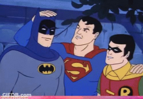 A Cartoon Of Batman Superman And Robin With The Website Roflrazzi.com In The Corner GIF