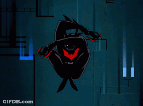 A Cartoon Of Batman With A Red Stripe On His Chest Is Standing In A Dark Room GIF