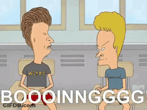 A Cartoon Of Beavis And Butthead Sitting In A Classroom With The Words Boooinggg On The Bottom GIF
