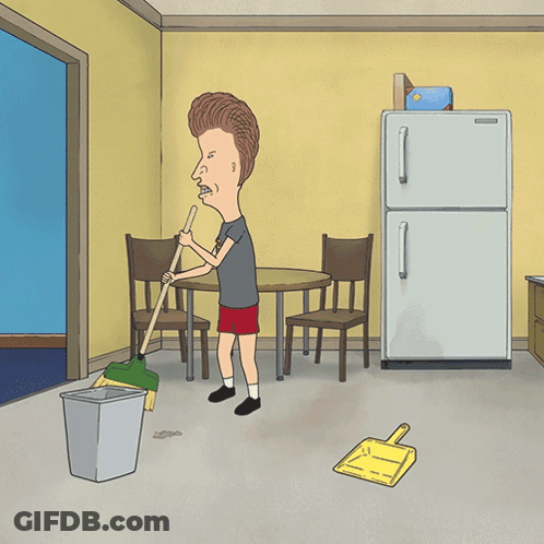 A Cartoon Of Beavis Cleaning A Room With A Fridge In The Background GIF