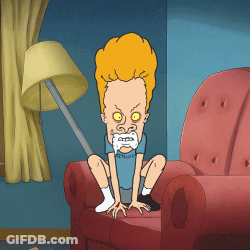 A Cartoon Of Beavis Sitting On A Couch Wearing A Shirt That Says Metallica GIF