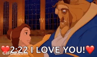 A Cartoon Of Belle And The Beast With The Words `` 2:22 I Love You ! '' GIF