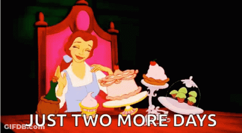 A Cartoon Of Belle From Beauty And The Beast Holding A Cake With The Words Just Two More Days Below Her GIF