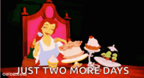 A Cartoon Of Belle From Beauty And The Beast Sitting At A Table With Cupcakes And A Cake GIF