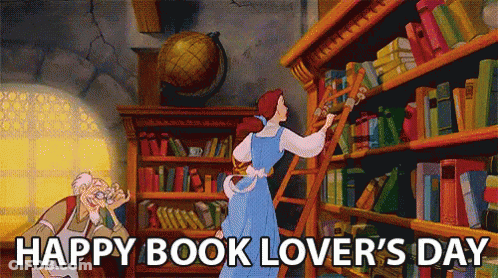 A Cartoon Of Belle In A Library With The Words Happy Book Lover 'S Day Above Her GIF