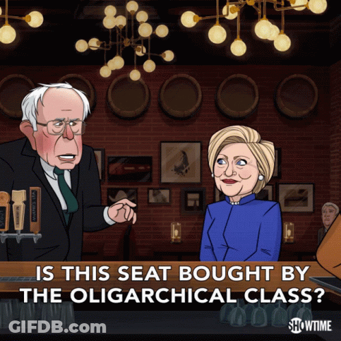 A Cartoon Of Bernie Sanders And Hillary Clinton With The Caption " Is This Seat Bought By The Oligarchical Class " GIF