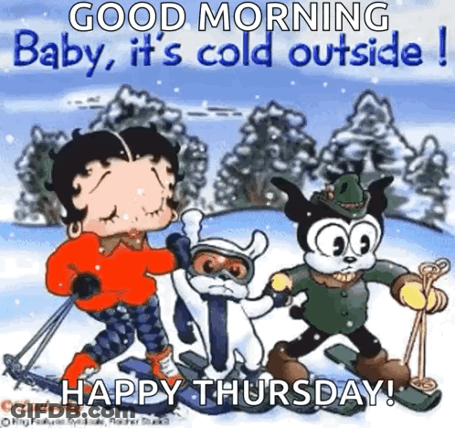A Cartoon Of Betty Boop , A Dog , And A Cat Skiing In The Snow . GIF