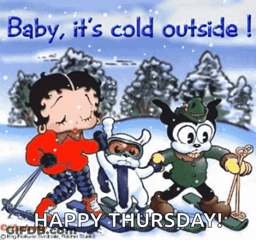 A Cartoon Of Betty Boop And Two Cartoon Characters Skiing In The Snow GIF