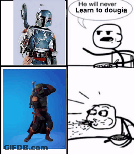 A Cartoon Of Boba Fett With A Speech Bubble That Says He Will Never Learn To Dougie GIF