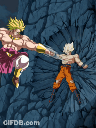 A Cartoon Of Broly And Super Saiyan Goku Fighting GIF