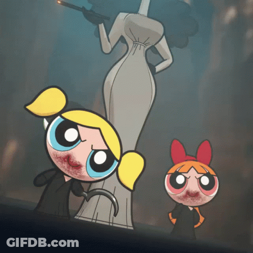 A Cartoon Of Bubbles And Blossom Standing Next To A Statue Of A Woman GIF