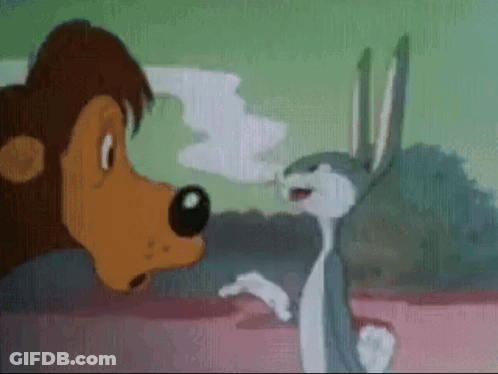 A Cartoon Of Bugs Bunny And A Lion Talking To Each Other GIF