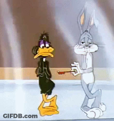 A Cartoon Of Bugs Bunny And Daffy Duck Standing Next To Each Other On Ice . GIF