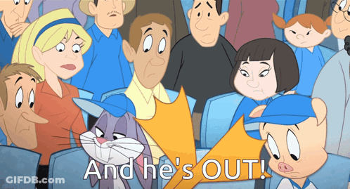 A Cartoon Of Bugs Bunny And Porky Pig Sitting In A Crowd With The Words " And He 'S Out " GIF