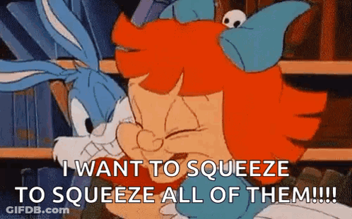 A Cartoon Of Bugs Bunny And Sylvester Saying `` I Want To Squeeze To Squeeze All Of Them ! '' GIF