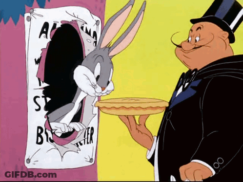 A Cartoon Of Bugs Bunny Holding A Pie Next To A Man GIF