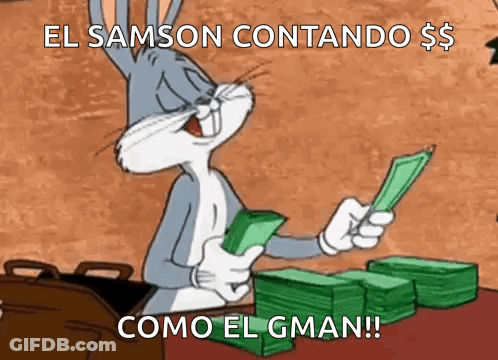 A Cartoon Of Bugs Bunny Holding A Stack Of Money With The Caption " El Samson Contando $ $ Como El Gman " GIF