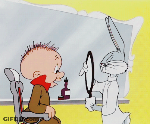 A Cartoon Of Bugs Bunny Holding A Steering Wheel Next To A Bald Man With Red Flowers On His Head GIF