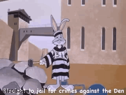 A Cartoon Of Bugs Bunny In A Jail Uniform Holding A Hammer . GIF