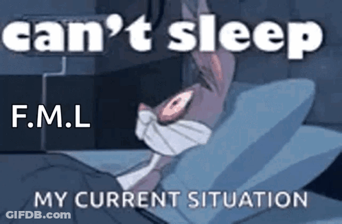 A Cartoon Of Bugs Bunny Laying In Bed With The Words `` Can 'T Sleep F.m.l My Current Situation '' . GIF