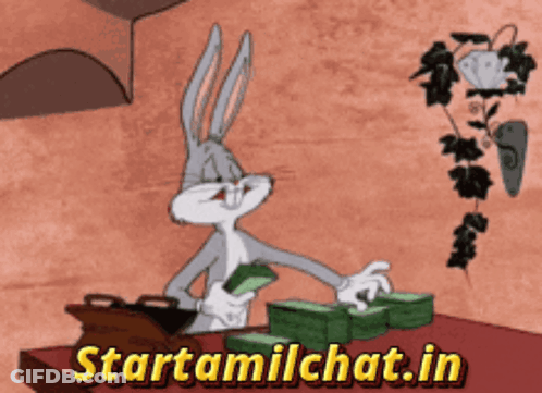 A Cartoon Of Bugs Bunny Sitting At A Table With Stacks Of Money And The Words Starttamilchat.in Below Him GIF